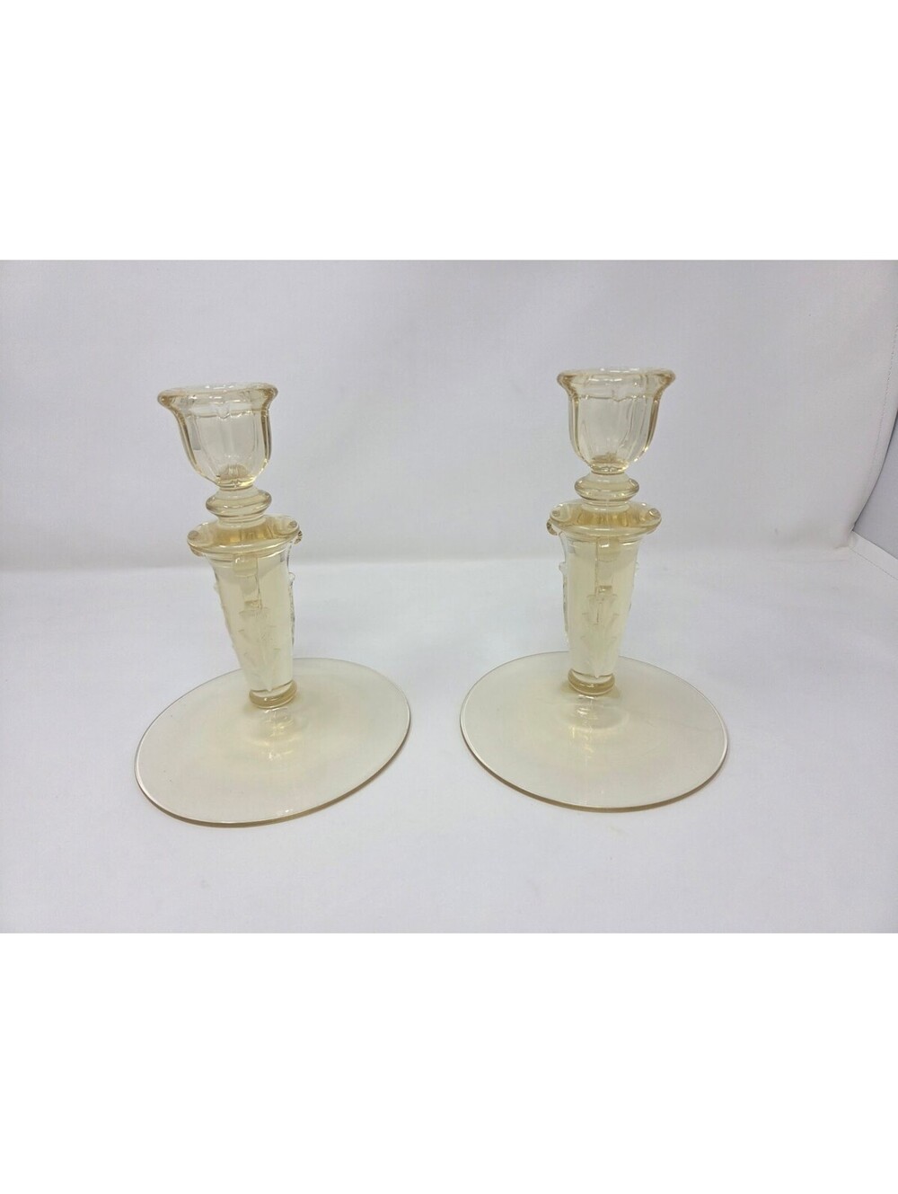 Pair Yellow Depression Glass Candlesticks Floral Stem Wide Base Set Vintage